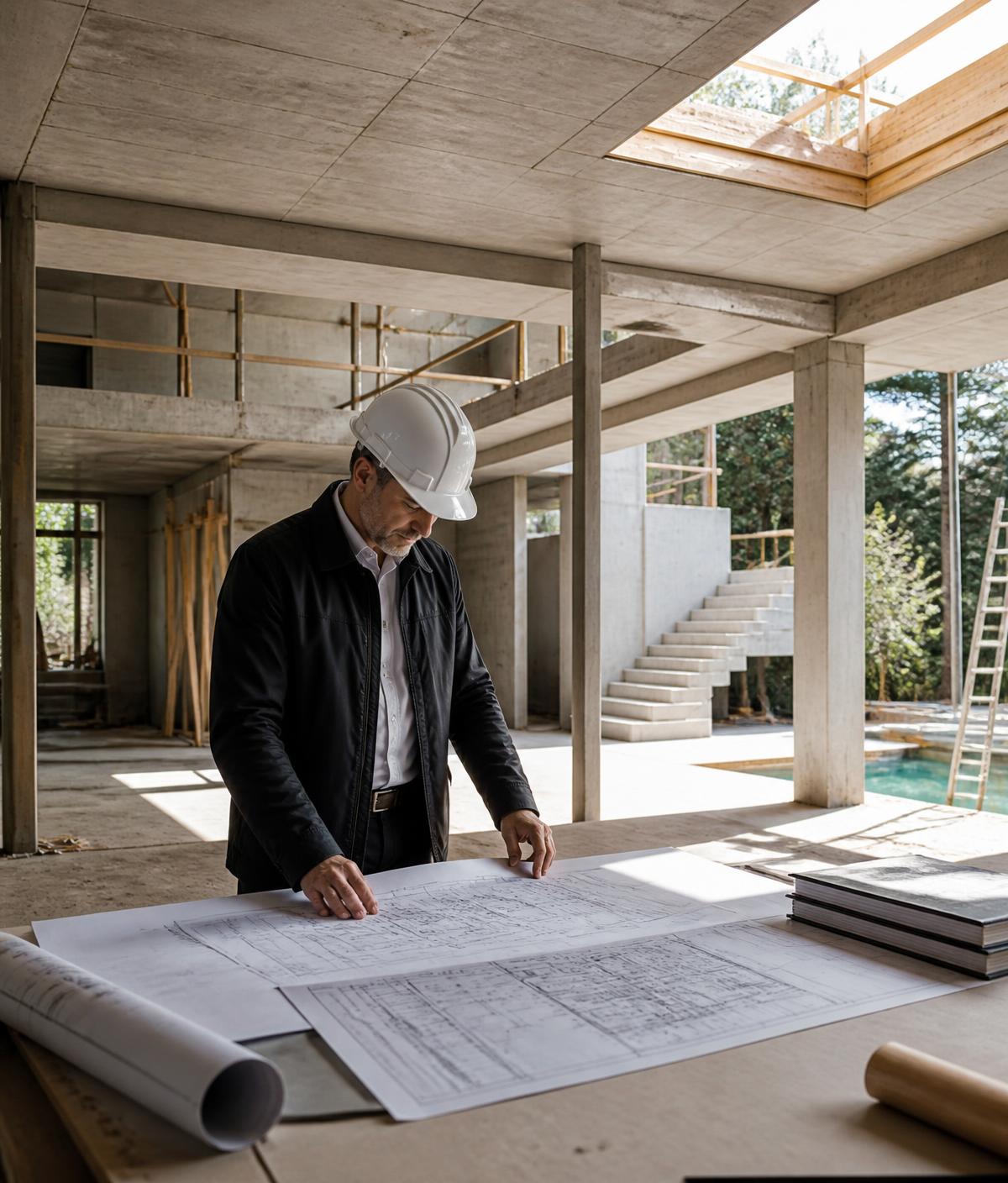 Engenheiro conferindo projeto em obra residencial